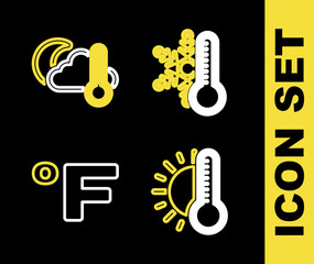 Set line Thermometer with snowflake, sun, Fahrenheit and and cloud, moon icon. Vector