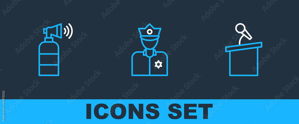 Sticker Set line Stage stand or tribune, Air horn and Police officer icon. Vector