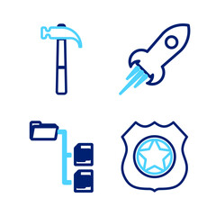 Set line Police badge, Folder tree, Rocket ship with fire and Hammer icon. Vector