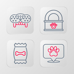Set line Location veterinary hospital, Bag of food for pet, Canned and Cat tooth icon. Vector