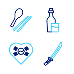 Set line Katana, Love Korea with heart, Soju bottle and Food chopsticks icon. Vector