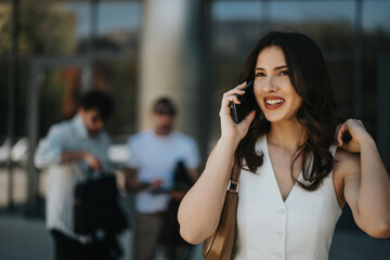 A modern professional woman is busy talking on her phone while walking in a city environment,...