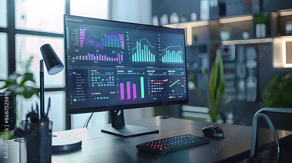Poster a business dashboard with real-time data analytics displayed on a sleek, modern computer screen