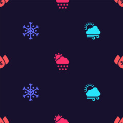 Set Windy weather, Snowflake, Cloud with snow and sun and Water drop percentage on seamless pattern. Vector