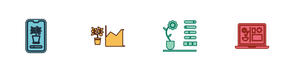 Set Smart control farming system, Flower statistics, status and technology icon. Vector