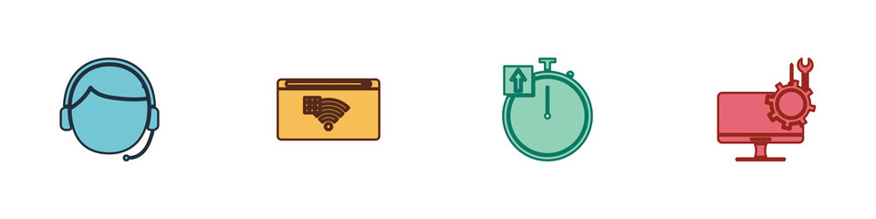 Set Man with a headset, No Internet connection, Stopwatch and Computer monitor service icon. Vector