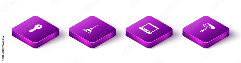 Poster Set Isometric House key, Handle broom, Laptop and Paint roller brush icon. Vector