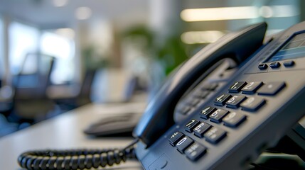 A close-up shot of a modern office phone with a sleek design and crystal-clear audio quality