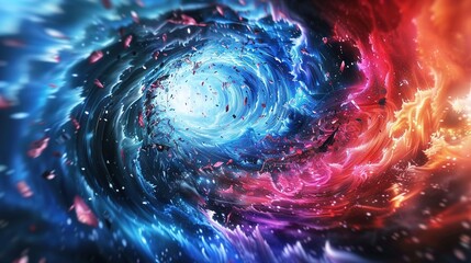   A macroscopic image of a spiral pattern featuring a central navy blue region encircled by scarlet, ochre, and azure whirls