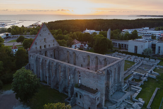 Ruins of the Birgitta monastery, photo voew from above with a drone on a summer evening at sunset.
