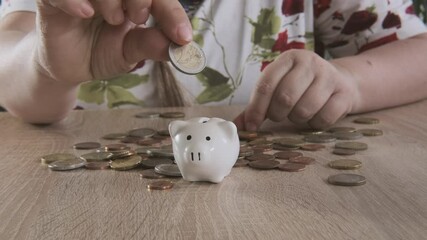Mature woman counts wealth euro coins and placing into white piggy bank, financial responsibility and saving habits, joy of saving, satisfaction financial goals, life insurance