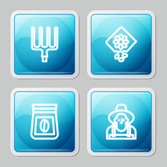 Set line Garden pitchfork, Pack full of seeds of plant, Bag coffee beans and Farmer in the hat icon. Vector