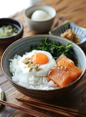 A delicious and healthy breakfast of rice, salmon, egg and spinach