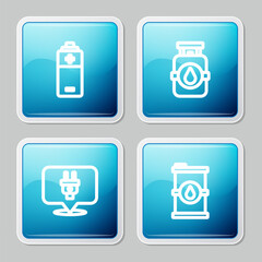 Set line Battery, Propane gas tank, Electric plug and Bio fuel barrel icon. Vector