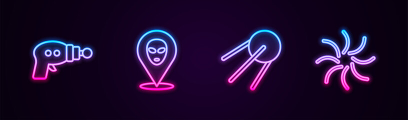 Set line Ray gun, Alien, Satellite and Black hole. Glowing neon icon. Vector