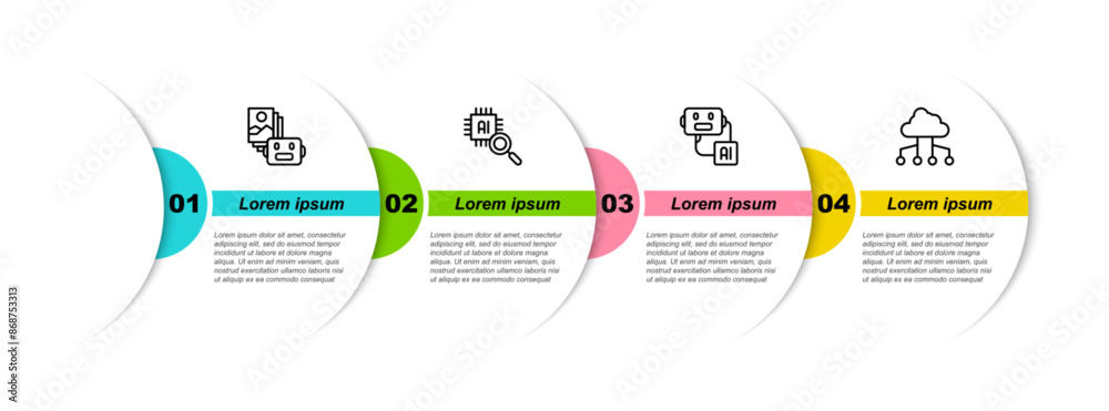 Poster set line artificial intelligence robot, processor cpu, and network cloud connection. business infogr