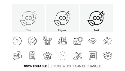 Open box, Time and Fake news line icons. Pack of Storage, Teamwork, Message icon. Swipe up, Currency rate, Loyalty star pictogram. Co2 gas, Startup rocket, Wifi. Payment protection. Line icons. Vector