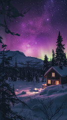 Fototapeta premium Charming nordic wooden cabin shines beneath the enchanting northern lights, lighting up a stunning snowy scenery