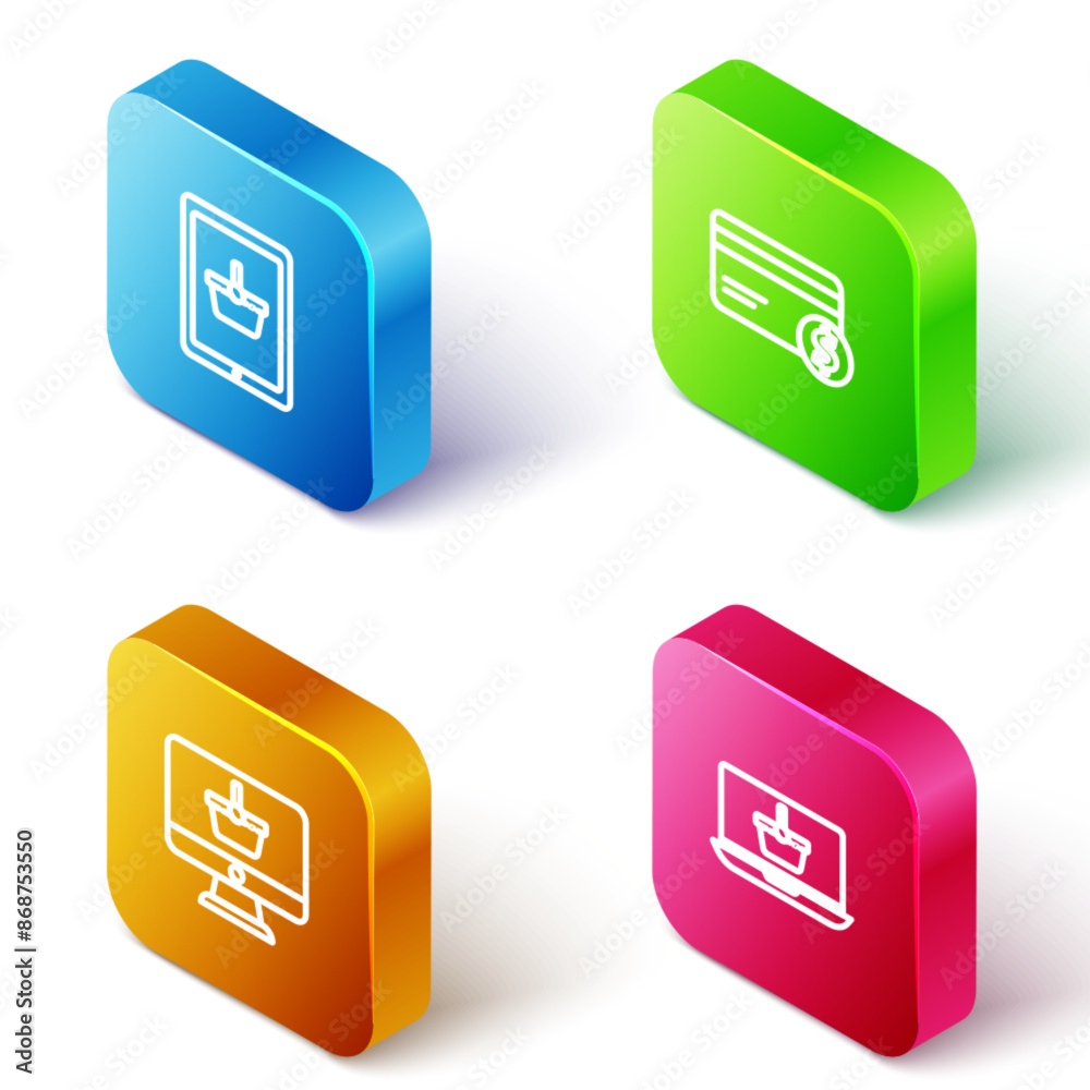 Sticker Set Isometric line Shopping basket on tablet, Credit card and dollar, Monitor with shopping and laptop icon. Vector