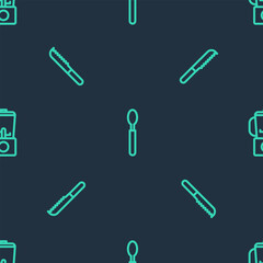Set line Spoon, Bread knife and Blender on seamless pattern. Vector