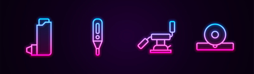 Set line Inhaler, Medical digital thermometer, dental chair and Otolaryngological head reflector. Glowing neon icon. Vector