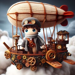 Naklejka premium Handmade crochet amigurumi toys in a steampunk airship adventure scene, including a pilot, airship, and clockwork gears against a cloudy sky