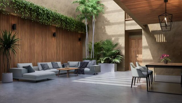 Animation of modern contemporary loft style rustic room interior 3d render there are concrete floor clay wall decorated with nature plant sunlight entering the room from above