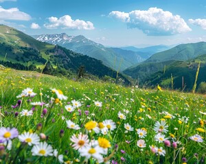 Idyllic sunny mountain landscape  fresh meadows and wildflowers in rural nature panorama