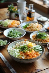 Spicy Korean Noodle Dish with Egg and Cucumber