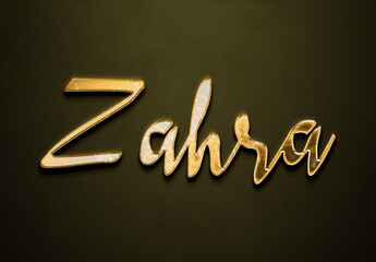 Old gold text effect of Arabic name Zahra with 3D glossy style Mockup.
