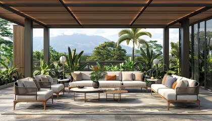 Fototapeta premium Luxurious outdoor seating terrace with stunning mountain landscape view for ultimate relaxation