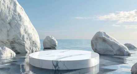 Minimalistic Blue Background with a White Marble Podium on Water surrounded by Rocks for Product and Cosmetic Branding. Packaging Display during Sunset. Realistic 3D Rendering Illustration