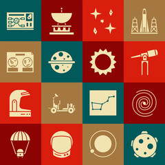 Set Planet, Black hole, Telescope, Falling stars, Saturn, Celestial map of the night sky, Futuristic hud interface and Sun icon. Vector