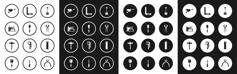Set Snow shovel, Putty knife, Construction stapler, Wheelbarrow, Pincers and pliers, Corner ruler, Ruler and Sledgehammer icon. Vector