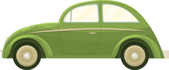 Classic green retro car driving side view, colorful cartoon style illustration isolated on white background
