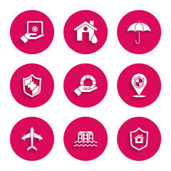 Set Lifebuoy in hand, House flood, with shield, Location, Plane, insurance, Umbrella and Safe icon. Vector
