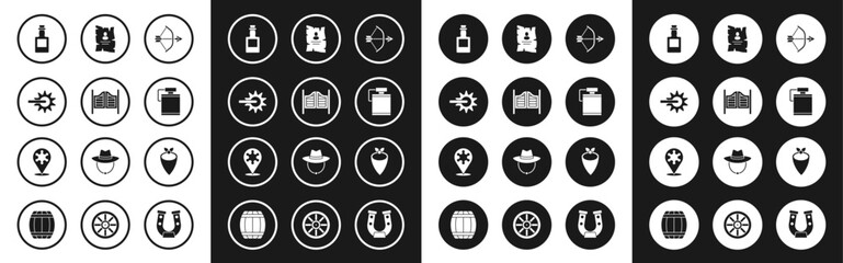 Set Bow and arrow in quiver, Saloon door, Spur, Tequila bottle, Canteen water, Wanted western poster, Cowboy bandana and Hexagram sheriff icon. Vector
