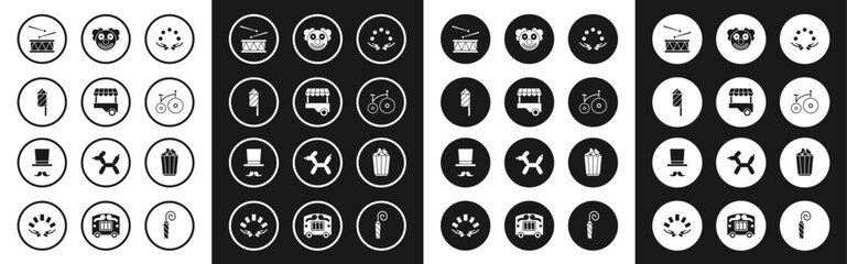 Set Juggling ball, Fast street food cart, Firework rocket, Drum with drum sticks, Vintage bicycle, Clown head, Popcorn box and Magician icon. Vector