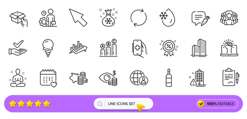Healthcare calendar, Inspect and International recruitment line icons for web app. Pack of Piggy bank, Growth chart, Yoga pictogram icons. Skyscraper buildings, Women group, Hold box signs. Vector
