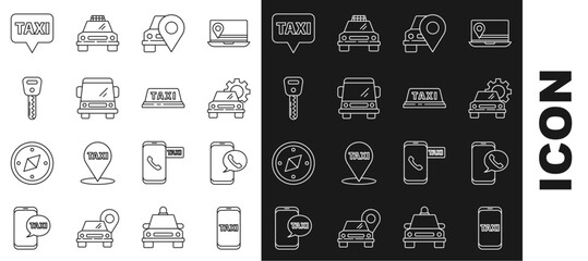 Set line Taxi call telephone service, Car, Map pointer with taxi, key, and car roof icon. Vector