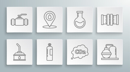 Set line Canister for motor machine oil, Industrial gas cylinder tank, CO2 emissions cloud, Oil and industrial factory building, Test tube flask, Industry metallic pipes valve and icon. Vector