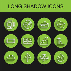 Set line Worker safety helmet, Exclamation mark in triangle, Contract money and pen, Broken pipe with leaking water, Oil drop, Stacks paper cash, pump pump jack and price increase icon. Vector