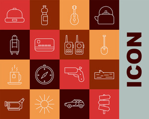 Set line Road traffic signpost, Wooden log, Shovel, Guitar, Credit card, Suitcase, Beanie hat and Walkie talkie icon. Vector