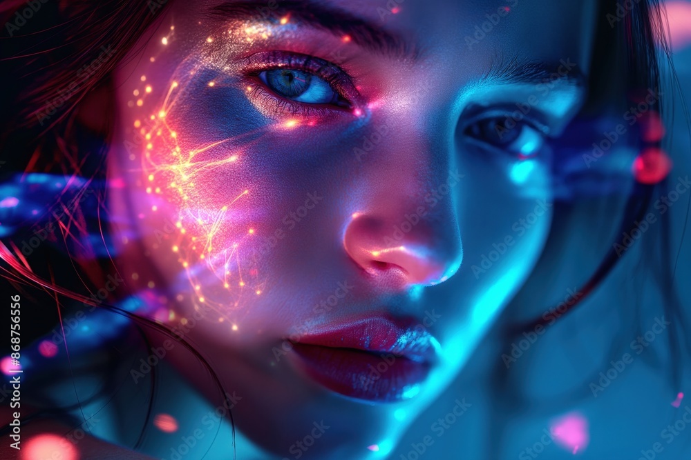 Poster woman with a shining face and futuristic panels on her face