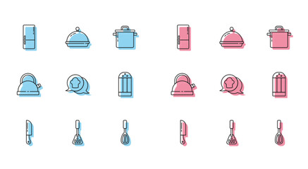 Set line Knife, Spatula, Refrigerator, Kitchen whisk, Chef hat in speech bubble, Salt, Kettle with handle and Covered tray of food icon. Vector
