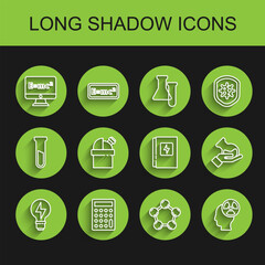 Fototapeta premium Set line Light bulb with lightning, Calculator, Equation solution, Molecule, Head and radiation symbol, Astronomical observatory, Test tube flask and Electrical panel icon. Vector