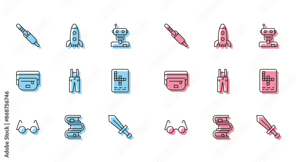 Canvas Prints Set line Eyeglasses, Book, Audio jack, Sword for game, Pants with suspenders, Crossword, Waist bag of banana and Rocket ship icon. Vector