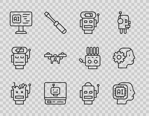 Set line Broken robot, Humanoid, Robot low battery charge, Software, Drone, and icon. Vector
