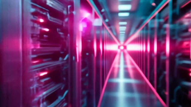 Server racks in a data center illuminated with neon lights, featuring a digital overlay with Bitcoin symbol and text CRYPTOMINING, representing blockchain technology and cryptocurrency mining