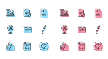 Set line Hospital building, Doctor appointment, Emergency - Star of Life, Monitor with cardiogram, Pipette, Location hospital and Patient record icon. Vector